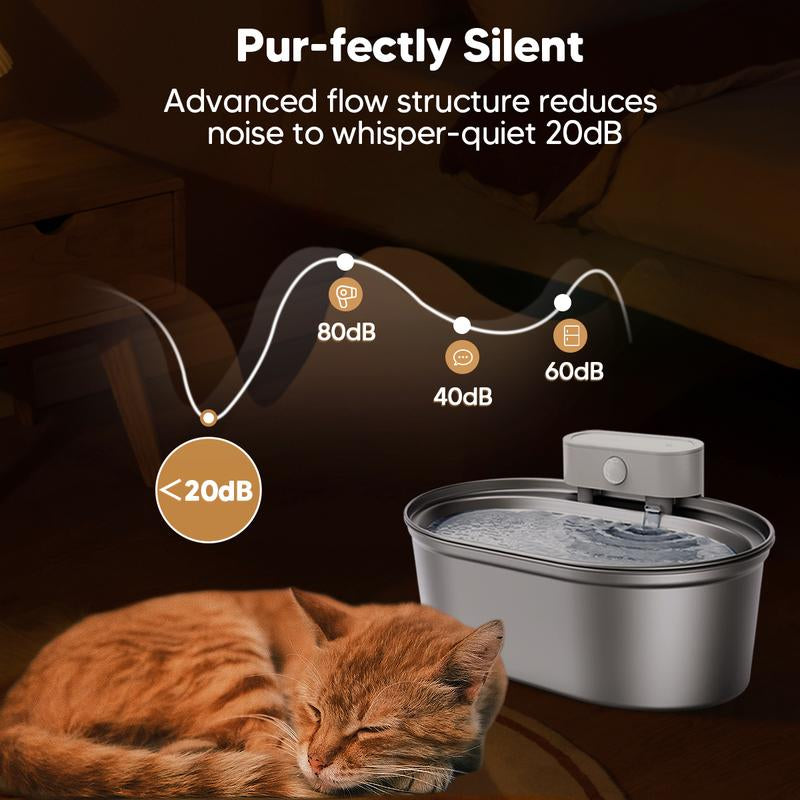 Uahpet Stainless Steel Quiet Water Fountain, Wireless Battery-Operated Pet Water Dispenser for Cats Dogs, Dishwasher Safe, Drinking Bowl Dishwasher Safe Smart